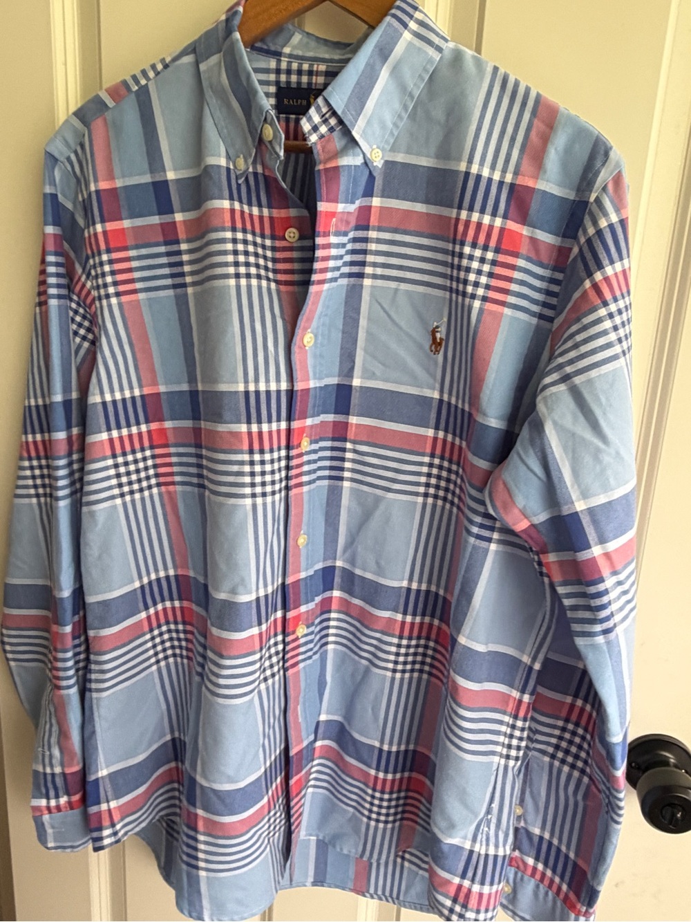 Like new size L Ralph Lauren Light Blue, Navy and Red Plaid Button-Down Shirt. - Picture 2 of 9